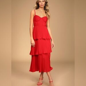 Cascading Crush Red Tiered Bustier Midi Dress
